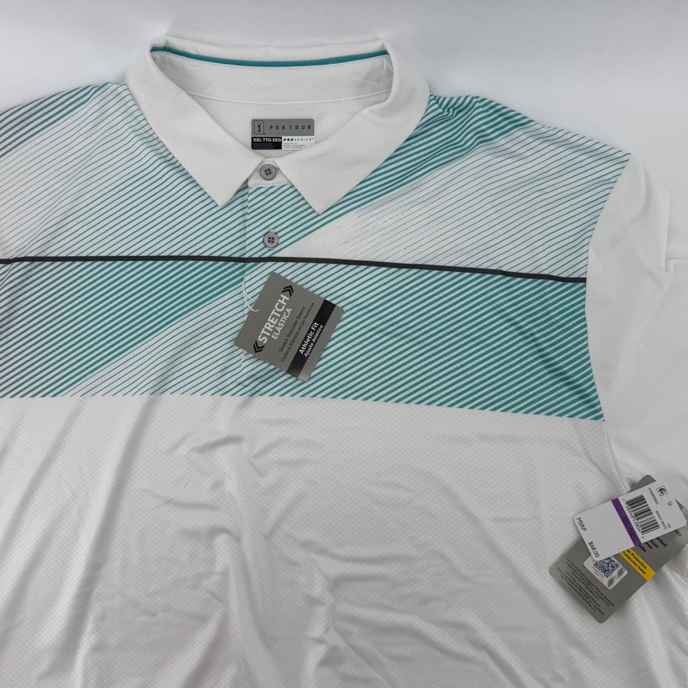 PGA Tour Polo Shirt Mens XXL White Teal Pro‎ Series PVKMF009DS Athletic Stretch